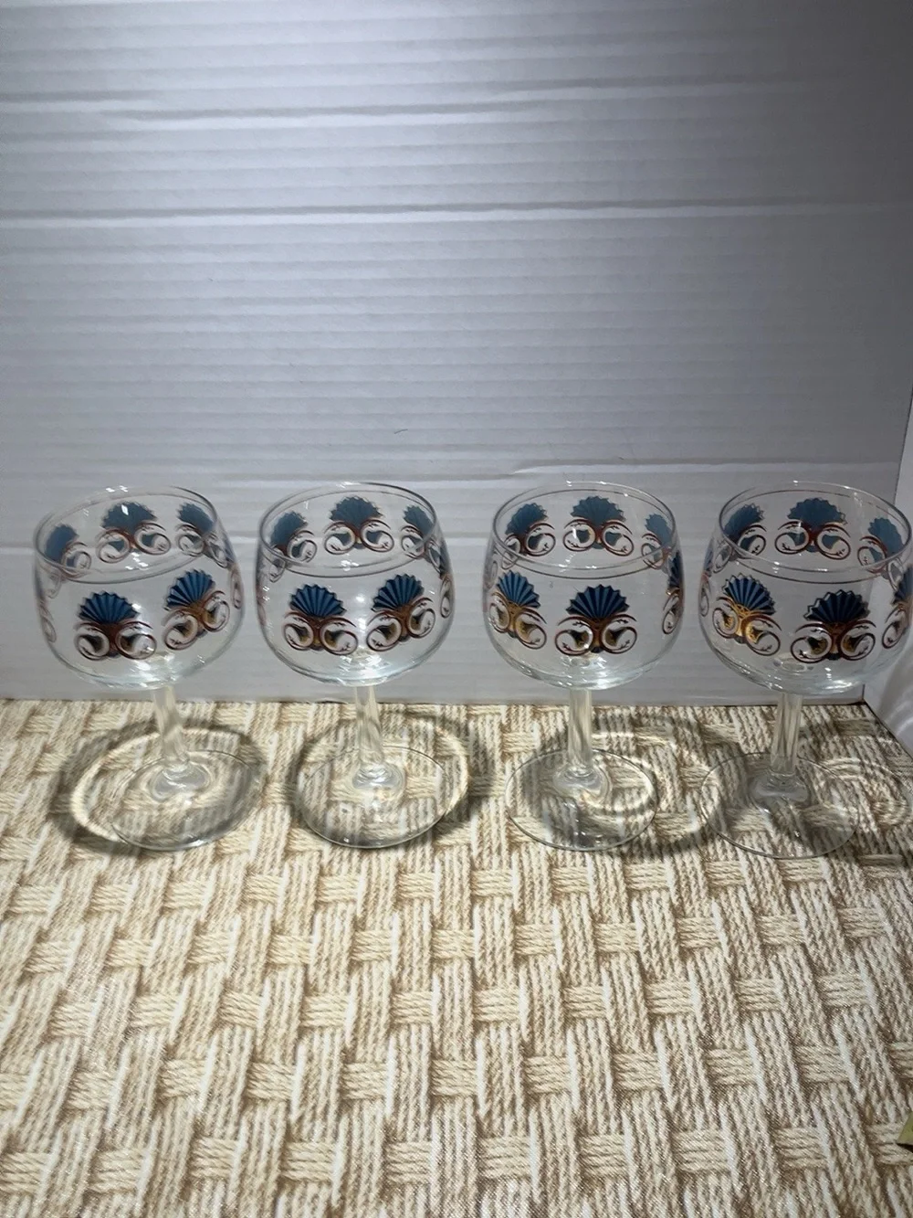 Vintage Georges Briard 22K Gold Blue Fan Wine Goblets Set of 4 MCM 6.5”